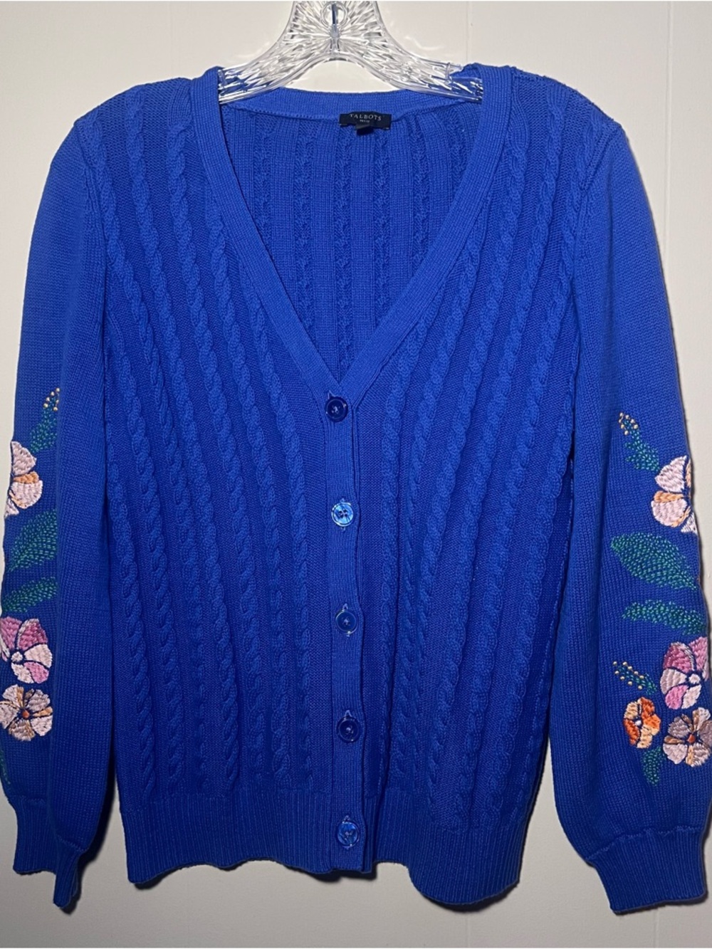 Talbots Women’s Blue Cable Knit Cardigan with Floral Embroidery Petite Medium